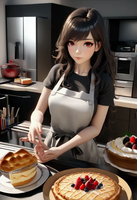 a woman with a tattoo, (([red|negro] Hair)), long Hair, wearing a negro apron,  kitchenndo, look at the viewer, kitchen, Cake and pie in the background,  inside, (relaxing tones:1.0), (HDR-10:1.25), (Art station:1.2), Dramatic, (intricate details:1.14), (h...