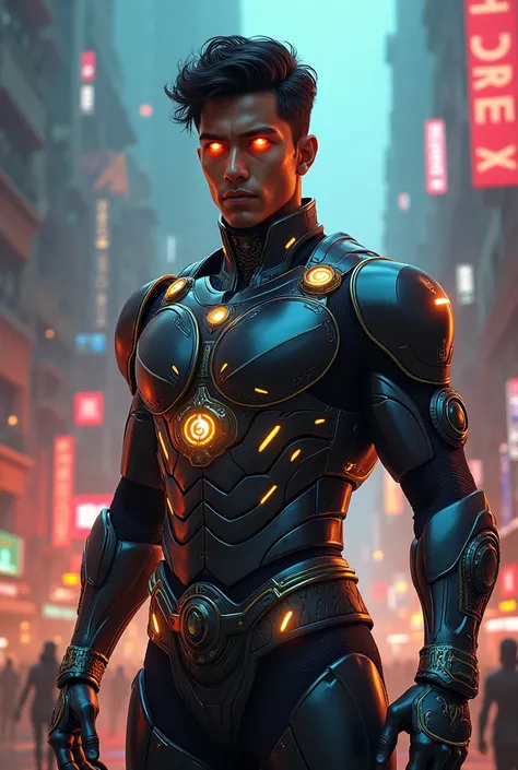 Make  Indian  sci -fi armoured morphine yong male super hero image consept by Hindu mythology 