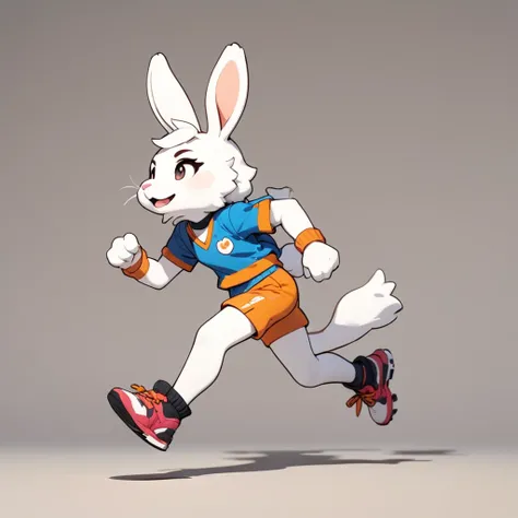 (masterpiece, best quality:1.2), Clay animation, 1 androgynous girl, solo, full body, (anthropomorphic Rabbit, furry, kemono), She is running, simple background