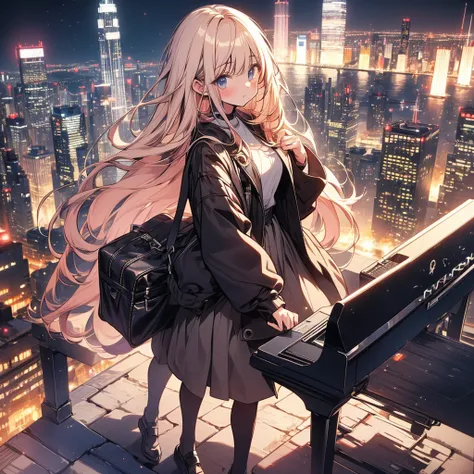 ultra detailed game CG, (High resolution:1.1),(absurderes:1.1), 1girl in, , Alone, Simple Anime, nightcity, Overlooking the night view from a height、Front facing the viewer、