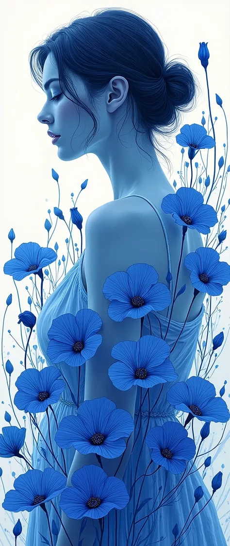 (work of art,superior quality,mirror-like,cinematic experience,Very detailed),8k,wallpaper,(Illustration of transience and beauty with blue morning glory flowers and a woman:2.0),(Blue themed illustrations:2.0),(inking:2.0),(vector art:2.0),(Ephemeral pain...