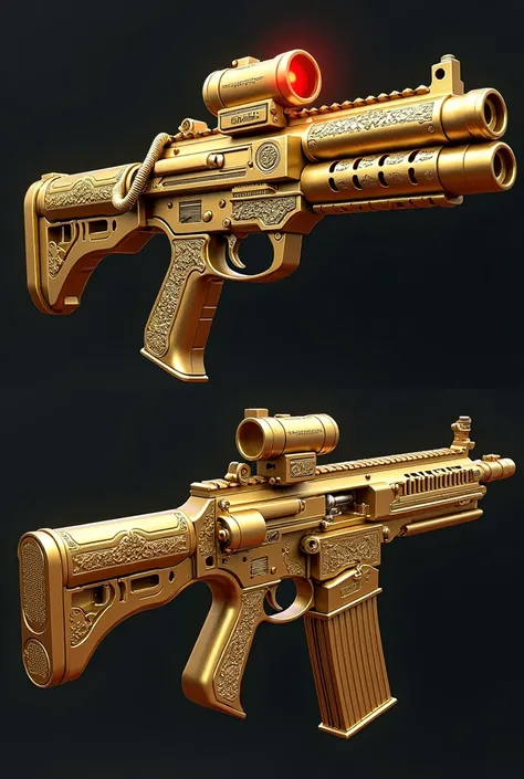 Create a highly detailed image of a luxurious, golden handgun with long barrels, chambered in caliber 47. The body of the pistol has an elegant, polished gold finish with intricate engravings for a high-end look. The barrels are extended for improved accur...