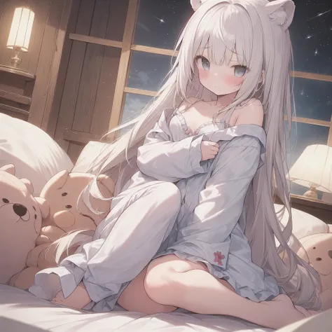 (NSFW:0.9),(little girl:1.4), solo, full body, sitting, dynamic angle, white hair, flat chest, frilled, 3yo, brown hair, long hair, night, starry sky, dark, sleepy, want to sleep, animal ears hood, holding teddy bear, covered breasts,shy, blush,A young gir...