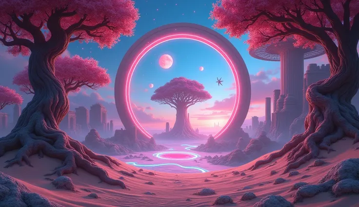 Create a wide-angle, low-view shot of a surreal, dreamlike landscape with subtle futuristic neon elements. The foreground showcases flowing sand dunes with twisted, ancient trees forming a large, glowing circular portal. Through the portal, a distant, myst...