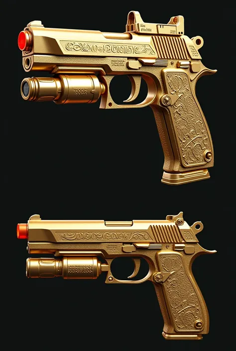 Create a highly detailed image of a luxurious, golden handgun with long barrels, chambered in caliber 47. The body of the pistol has an elegant, polished gold finish with intricate engravings for a high-end look. The barrels are extended for improved accur...