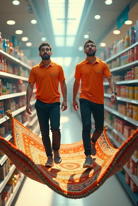 Men with orange polo t-shirt  and black pant flying with magic carper inside supermarket