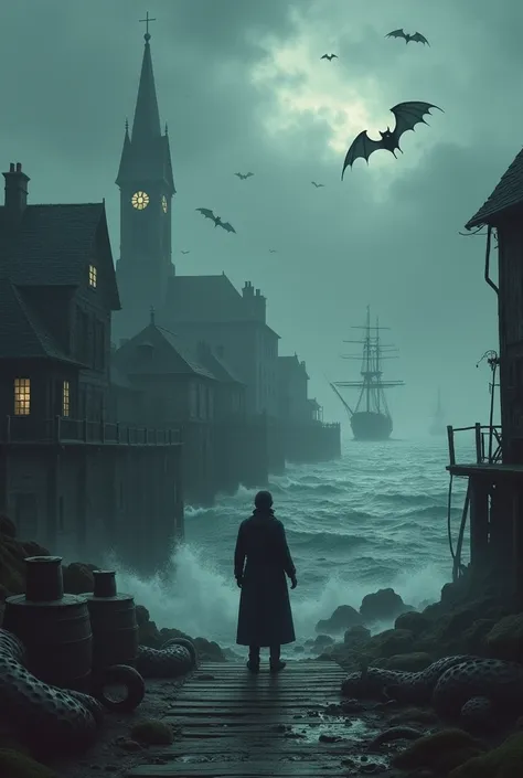 The image features a dark and mysterious scene set in a Gothic and Victorian style coastal port.. The waves of the sea are agitated, hitting the deteriorating wooden pier, as several large octopus-like creatures coil around the barrels and platforms. The p...