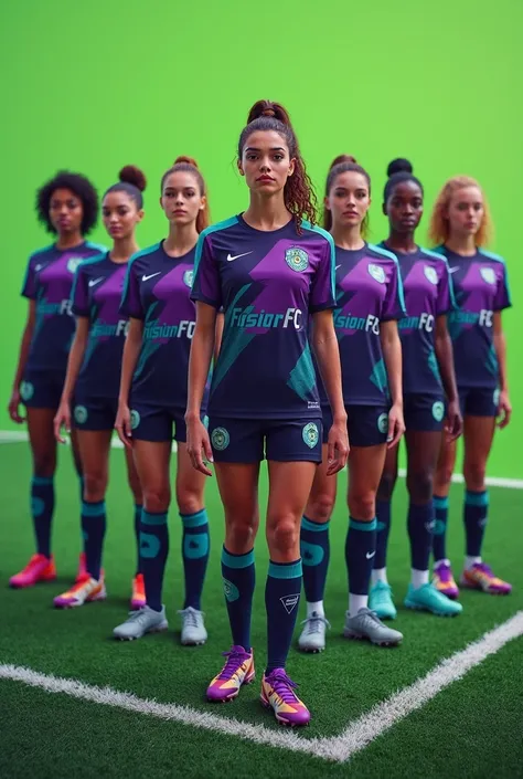 Create a women&#39;s micro soccer team with a PURPLE uniform , black and turquoise BLUE that says FUSION FC