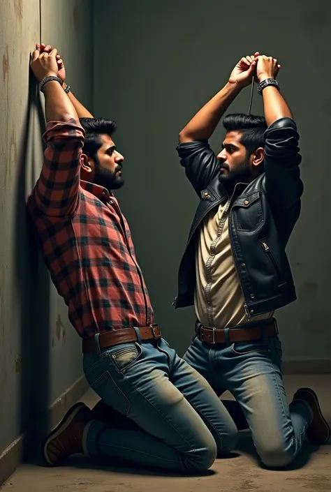 Side view of  two  handsome  rowdy looking Young Indian men  wearing long sleev slim fit check shirt dennim trousers and large buckle belt leather jacket black belt kneeling with his hands placed stretched straight highup above their head   and hands handc...