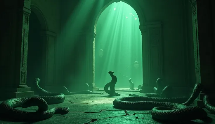 In 3D animation style:Inside the temple, dimly lit with a greenish glow, filled with serpentine statues.