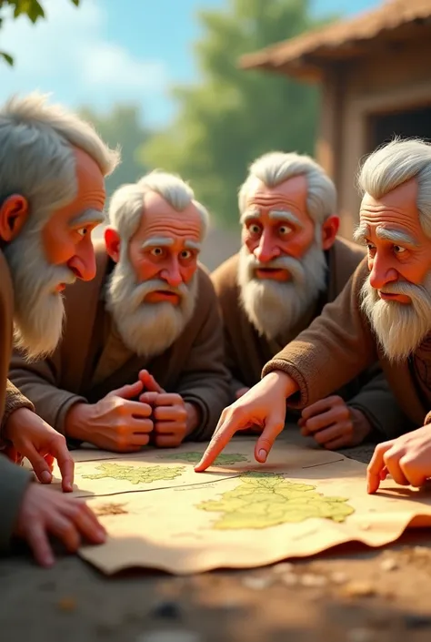 In cinematic 3d cartoon style "A close-up of old younger villagers brainstorming strategies with determined looks, pointing at various spots on a makeshift map spread on the ground."