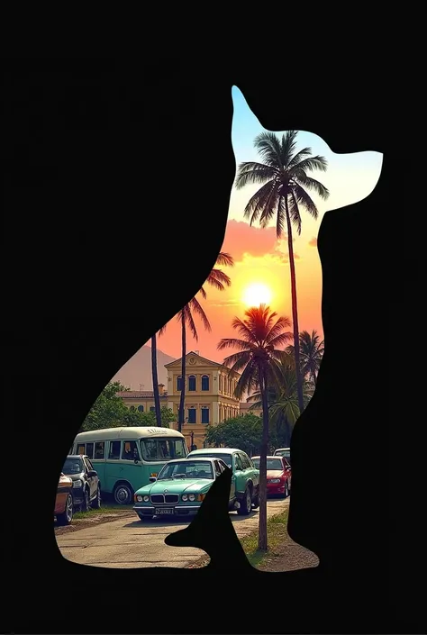 A profile silhouette of a dog, designed with a double exposure effect that reveals a world within its outline. Within the silhouette are elements such as palm trees, vintage cars and colonial architecture, all recreated with an artistic and modern touch. C...