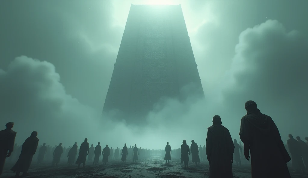 The Tower of Babel, shrouded in a thick white fog. From the top, an unearthly glow descends. The fog swirls, and the roar is heard as the workers look on in terror.