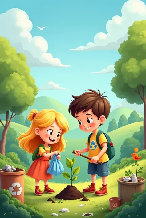 Cover page cute cartoon: about a blonde girl and a brunette boy cleaning the environment to make it healthy 