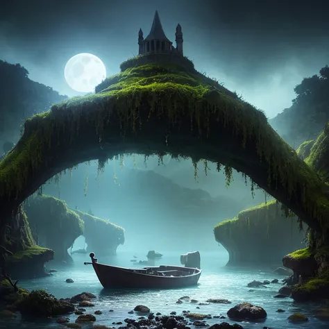 Boat, High Fantasy, Magical Effects, Surreal, Super detailed, Mysterious atmosphere, Ancient abandoned, grown, Glowing moss, Dark atmosphere, Evenly spread shining light, so beautiful, Beautiful underwater landscape in the background,full moon