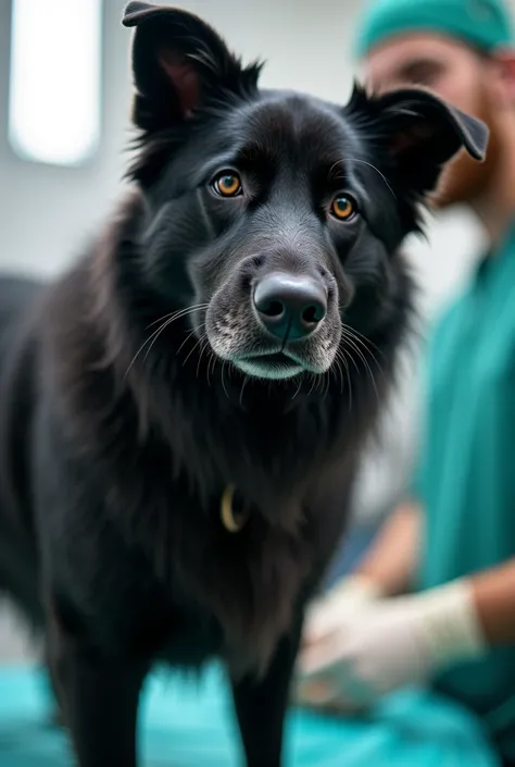 generate realistic images identical to a photograph of a dog undergoing orchiectomy surgery by a veterinarian with a long beard "completely black", chubby body wearing a cap in a bright environment