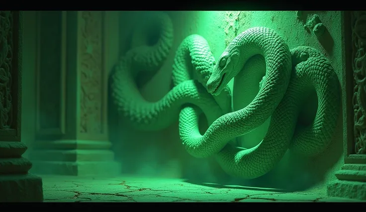 In 3D animation style:in greenish glow Walls of the temple lined with ancient carvings of snakes intertwined in battle.