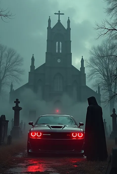 Dodge demon with red light and a man standing near the car with reaper wearing a black suit
Background with dark graveyard with large church with a cross 
 

