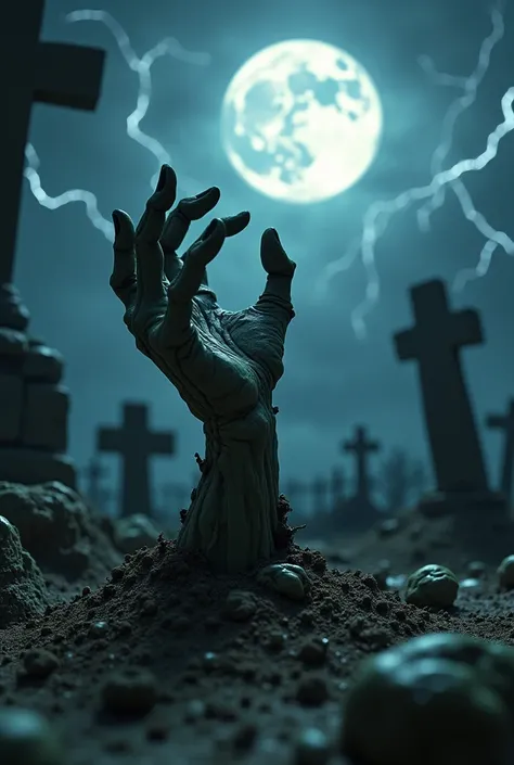 Clay animation,A hand rises from the grave，Breaking out of the ground，Zombies，tattered，Full Moon，lightning，Weird expressionist pose，Clay animation角色，Freeze character