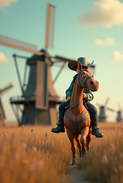 (Best Quality、masterpiece、High resolution)、Clay art、Clay animation、4K Anime Art、Tim Burton style、Don Quixote and Rocinante、Don Quixote on Horseback、Stupid-faced horse、Windmills in the Netherlands、Calm colors、
