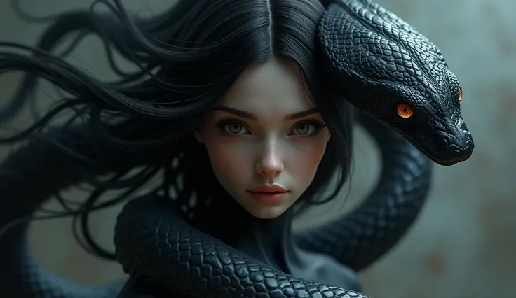 In 3D animation style:The black snake transforming into a beautiful woman with flowing dark hair.