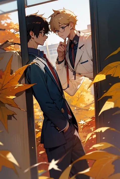 Glasses, high school boys, boys love, seniors and juniors, uniform, school building, autumn, eye contact