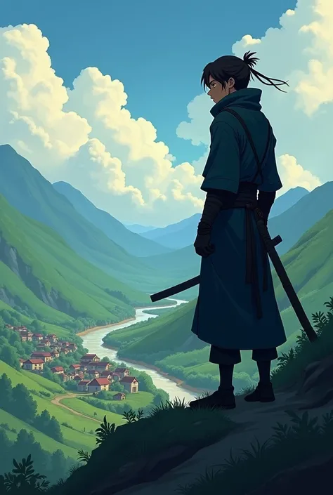 In cinematic 3d cartoon style "A thoughtful image of the ninja gazing into the distance, with furrowed brows, standing on a hill overlooking the village, clouds hinting at trouble."