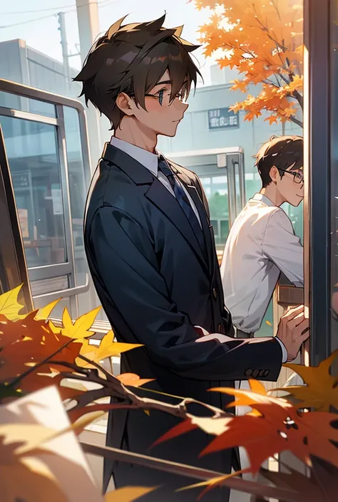 Glasses, high school boys, boys love, seniors and juniors, school uniform, school building, autumn, eye contact