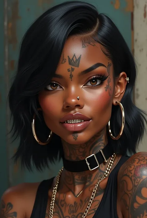 Black girl with tattoos, Black silk press, Grills in her mouth, gangster, Realistic, Hazel eyes, , nose piercing, smiling,