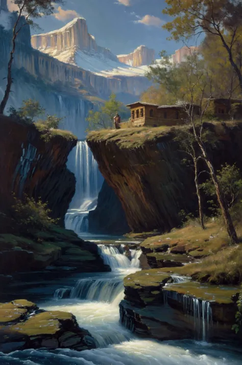 landscape, waterfall, (extremely detailed CG unity 8k wallpaper), most beautiful artwork in the world, professional majestic oil painting, intricate, High Detail, Sharp focus, dramatic, photorealistic painting art