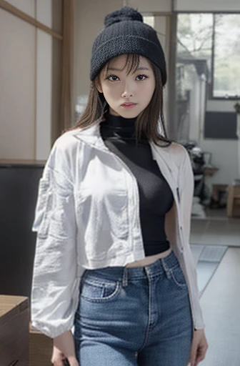 (((2 japanese woman:1.5))),white Windbreaker,blue turtleneck,Skinny jeans,medium hair,short bangs,Beanie,beautiful scene of city,dynamic pose,(same fece),8K,32K,RAW photo,High detail RAW color photo,high resolution,Realistic,Photorealistic, absurdres,(Anat...