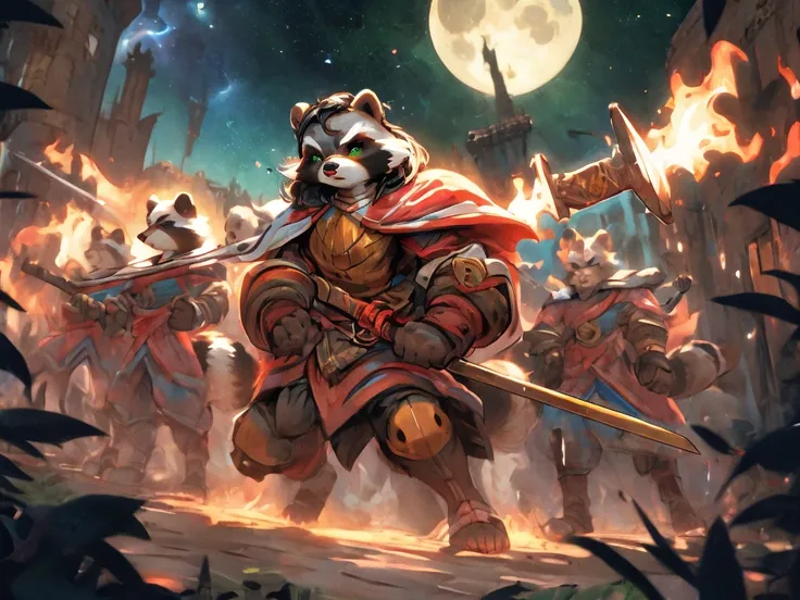 full body, battle ground background、full moon, A female raccoon, custom armor, night, medieval castle, very detailed, masterpiece, ultra resolution, perfect quality ,vivid colors,determined expression, strong shadows,majestic, dark atmosphere, green eyes, ...