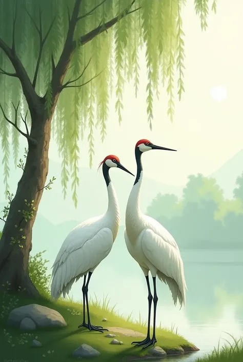 Two cranes， Next to the willow tree，landscape painting
