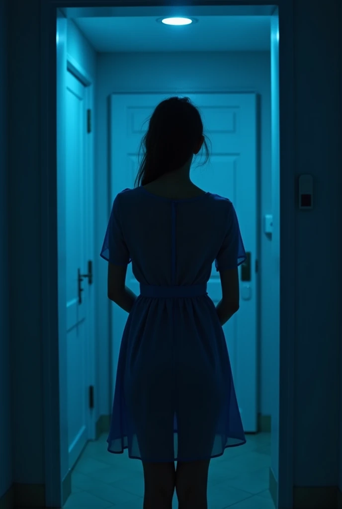 Women Dressed in blue dress in back in mystery room 