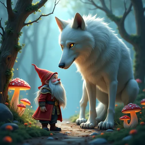 Gnome and fantasy wolf