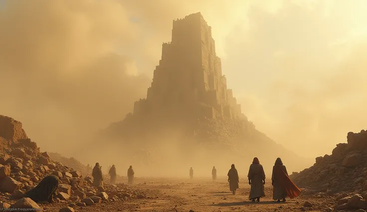 Remains of the tower of Babel in ruins, scattered throughout the plain. Dust rises, covering the horizon. Some people kneel on the ground, defeated, while others walk slowly away from the rubble.