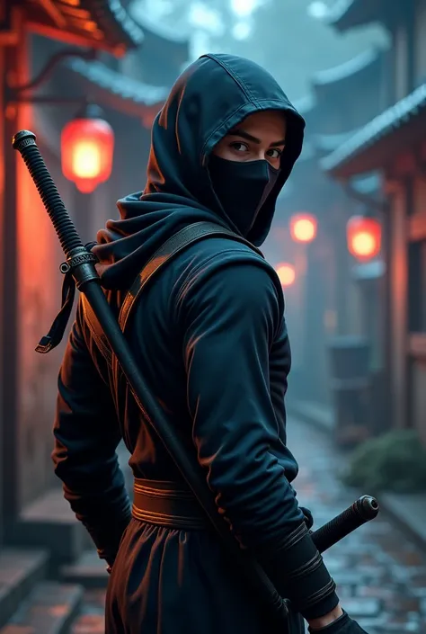 In cinematic 3d cartoon style "A determined expression on the ninjas face as he looks over his shoulder while preparing for another night, with weapons at the ready."