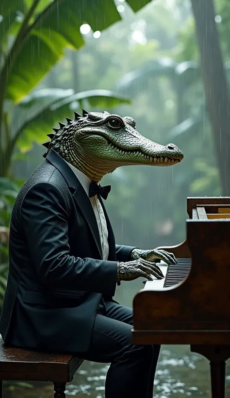 A crocodile wearing a smart black suit and a black bow tie is playing the piano under a large banana tree near a stream while the rain is falling heavily. 