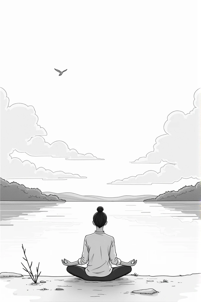 a person meditating with the background in a lake with sunset

make it a black and white simple drawing that i can trace on a paper