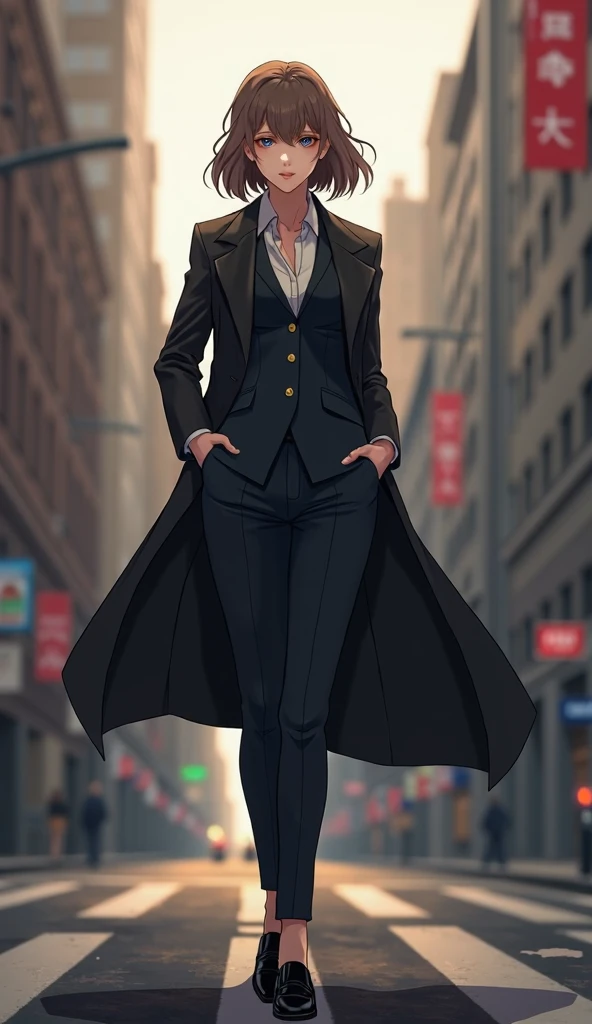 anime、whole body、Long trousers、Leather shoes、mafia、America、boss、Calm、Ash Brown Hair、Short Hair、suit、Coat、woman