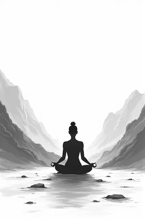 a person meditating with the background in a mountain while the sun is setting

make it a black and white simple drawing that i can trace on a paper