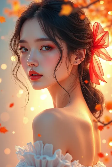 (8k, best quality, masterpiece:1.2),(best quality:1.0), (ultra highres:1.0), watercolor, a beautiful woman, shoulder, hair ribbons, by agnes cecile, half body portrait, extremely luminous bright design, pastel colors, (ink:1.3), autumn lights,