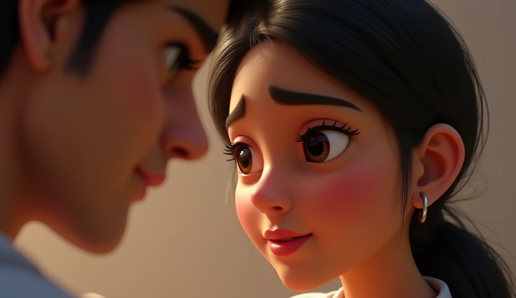 In 3D animation style:Nandita’s face showing both fear and trust in Aryan.