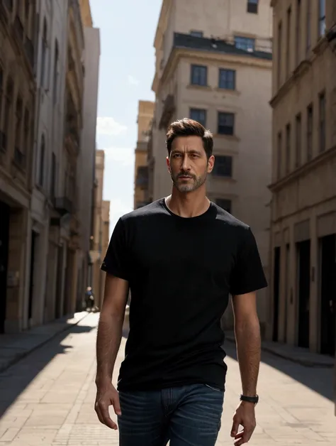 a man walks along the city streets, it&#39;s day outside, a man of about 2, slim build, in jeans and an oversized t-shirt, casual style, all clothes are loose, black t-shirt, high detail, correct anatomy,  warm daylight, handsome man in a black shirt  (8 k...