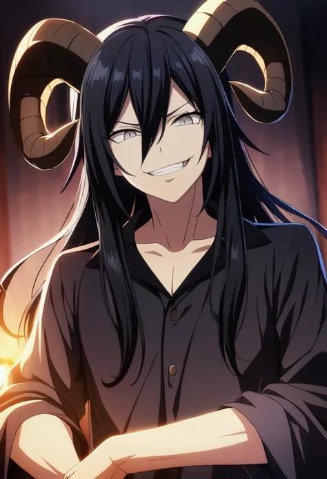 1boy, black long hair, hair between eyes, gray eyes, demon boy, CG, goat horns, sadistic smile