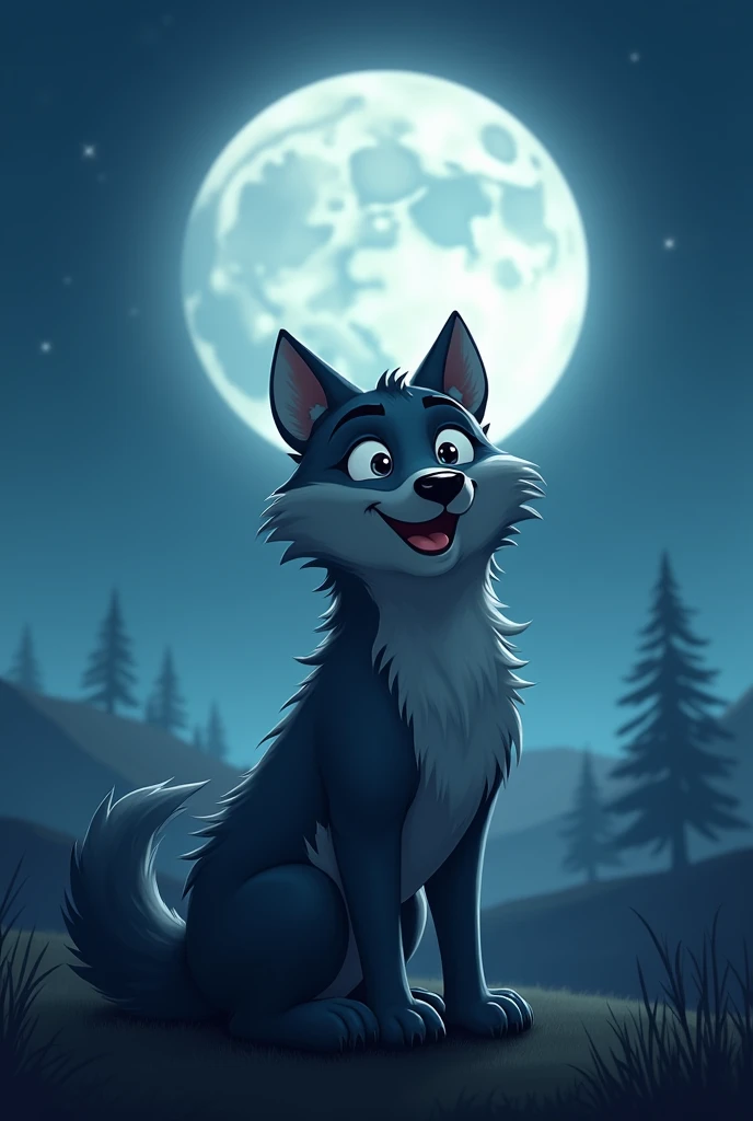 A cute werewolf howls at the full moon with a smile