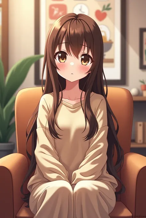 A cute  anime girl age 18 with long hair and baggy clothes sit on chair and baground have anime  pic and youtube  name story teller riha face front brown eyes