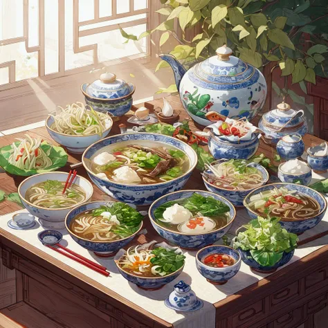 there is a table with a lot of food on it, amazing food illustration, anime food, by Yang J, fantasy food, inspired by Tan Ting-pho, by Victor Wang, super realistic food picture, by Zhou Chen, by Li Song, by Liang Kai, beautiful digital artwork, by Qu Leil...