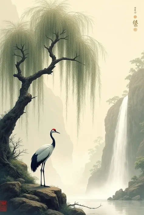 There is a willow tree，Crane leans forward，Waterfall Landscape Painting