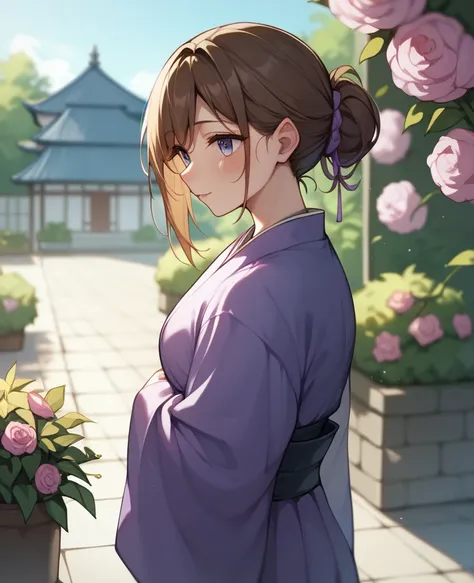 Brown Hair、semi-long、Blue-purple kimono、sumire kanzaki、High image quality、high quality、(garden)